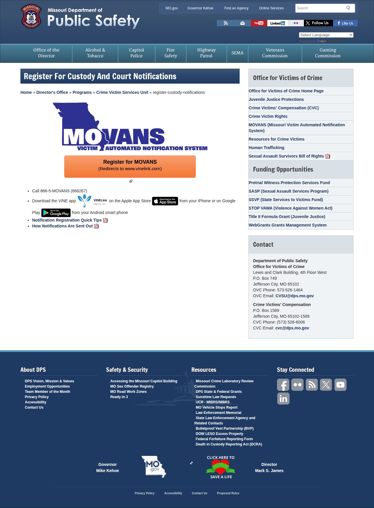 Current Missouri MOVANS entry page for Carter County custody notifications