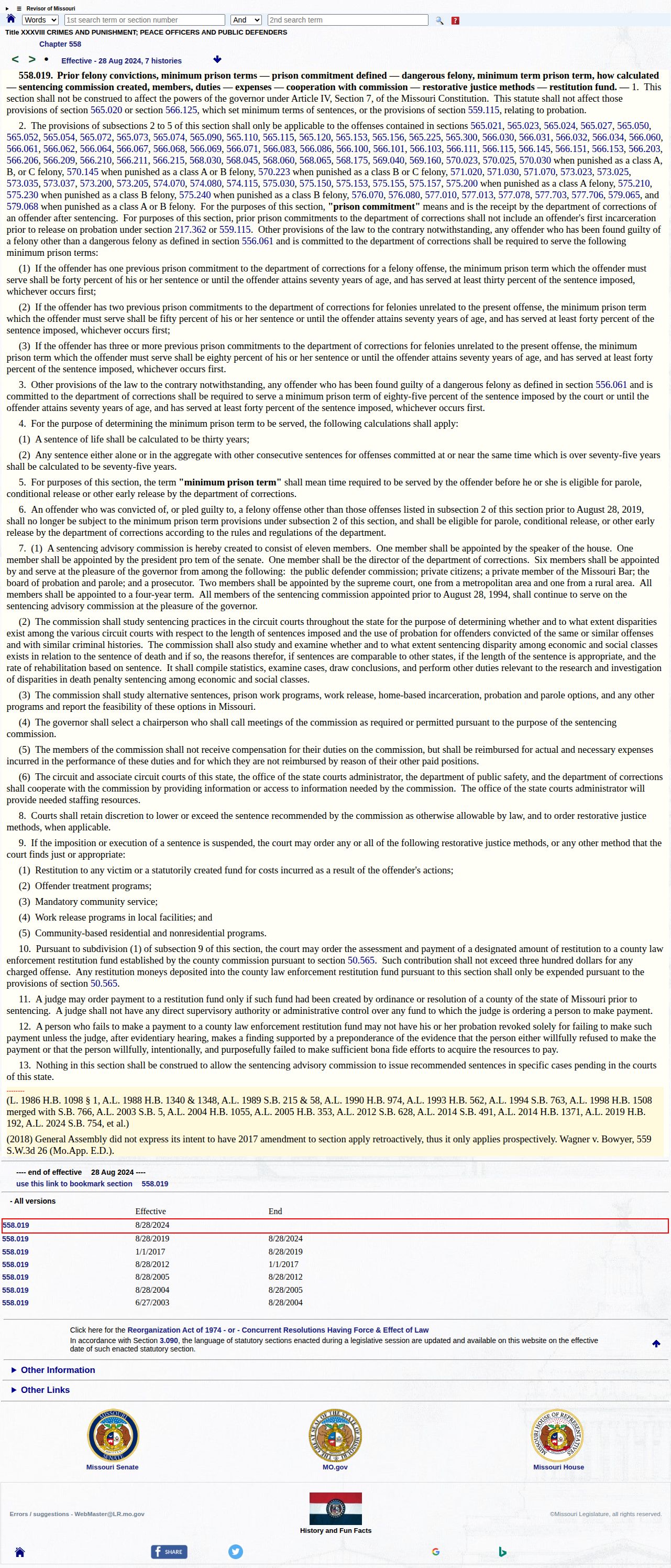 Carter County projected release date statute for Missouri dangerous felony minimum terms