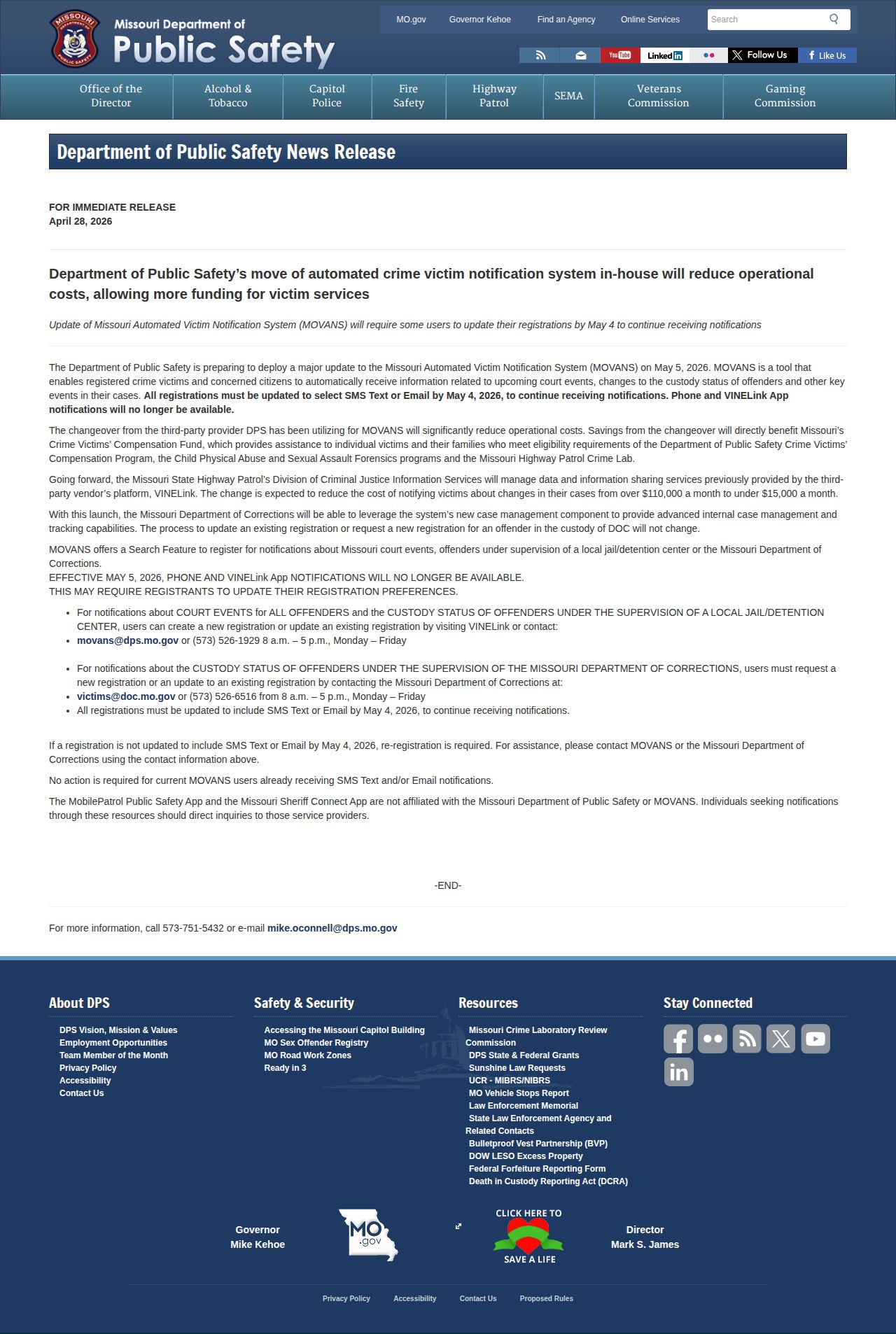 Missouri MOVANS Carter County release notification delivery change notice