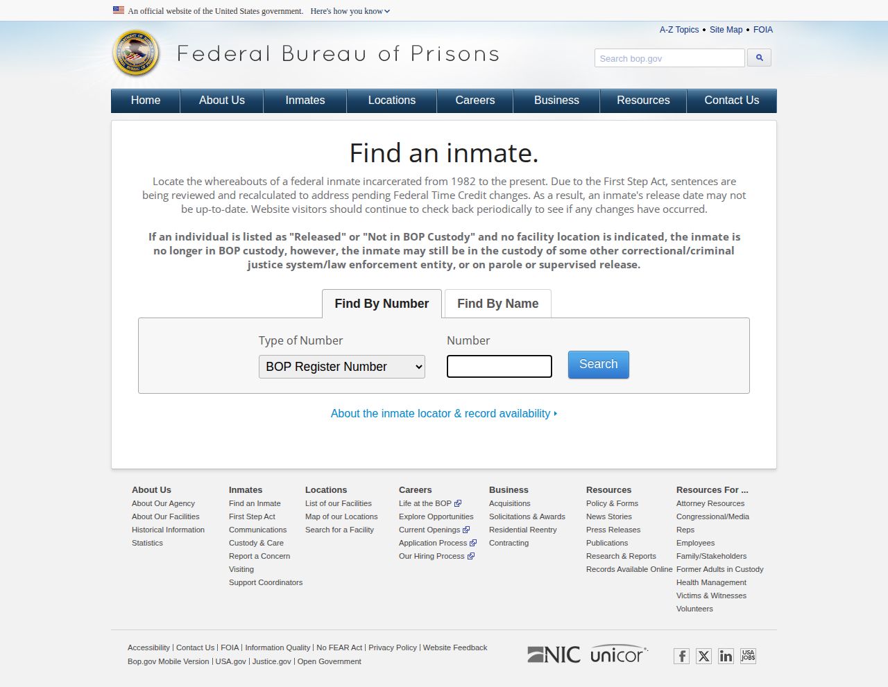 Federal release search fields for a Carter County record check in the BOP locator