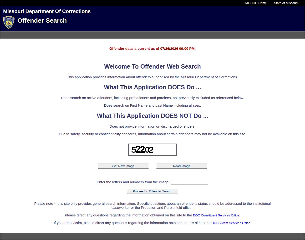 Carter County released inmate search fields on the MODOC active-offender portal